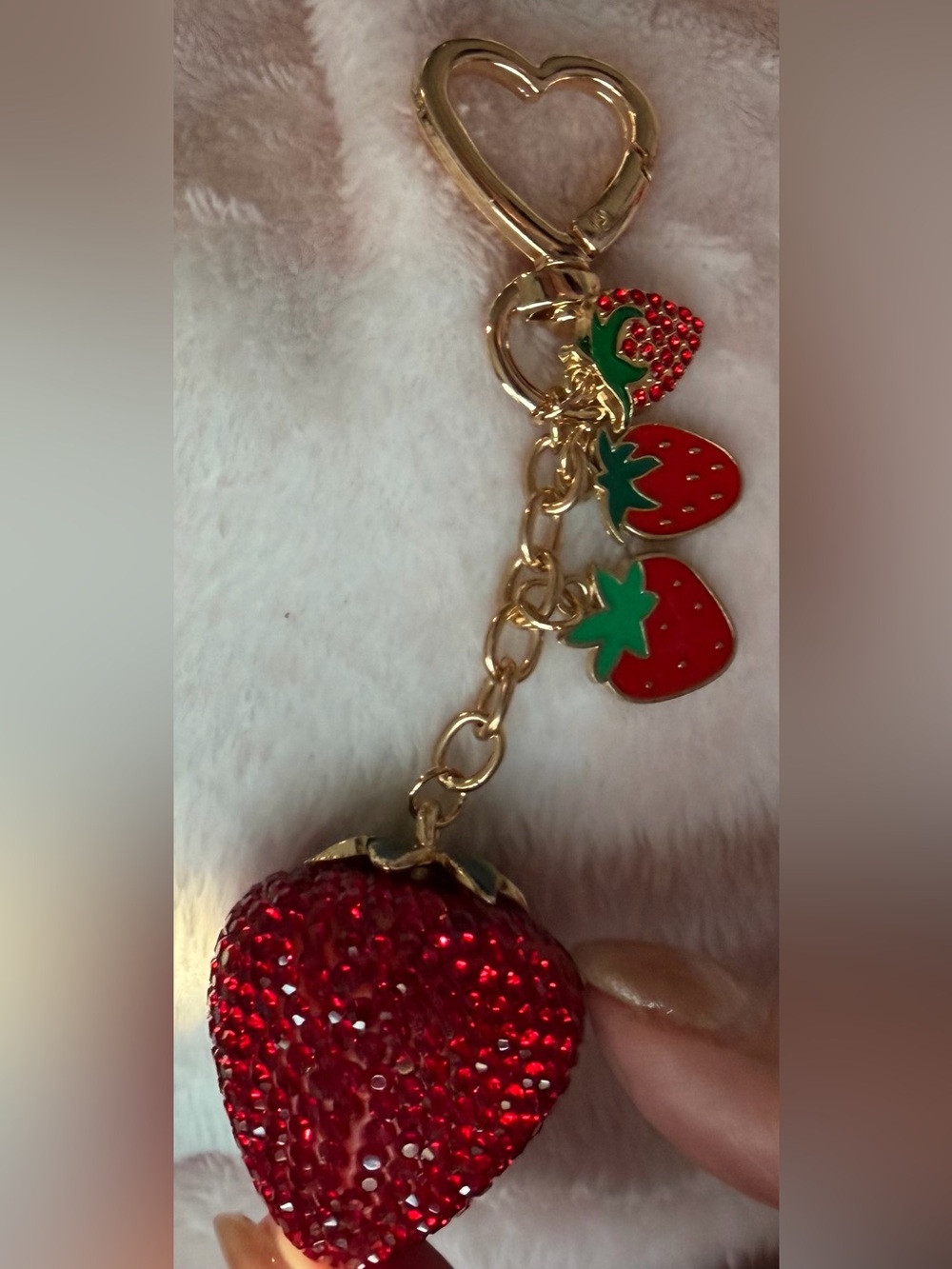 Strawberry Crystal Drop Gold-tone Bag Charm Keyring - Red New